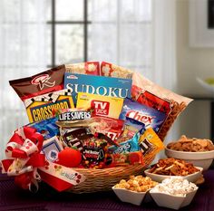 a gift basket filled with snacks and candy