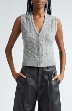 Extend sweater season with a cabled vest knit from a luxe blend that features wool and cashmere. 21" length (size Medium) Front button closure V-neck 67% wool, 28% cashmere, 4% nylon, 1% spandex Dry clean or hand wash, dry flat Imported V Neck Cable Knit Sweater, Gray Sweater Vest, Cable Knit Sweater Vest, Vest Knit, Knit Sweater Vest, Sweater Season, Sweater Vest Women, Summer Color, Color Analysis