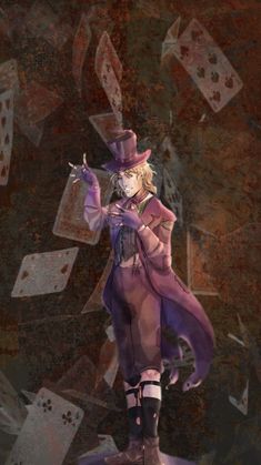 a drawing of a man in a top hat and purple suit with cards falling around him