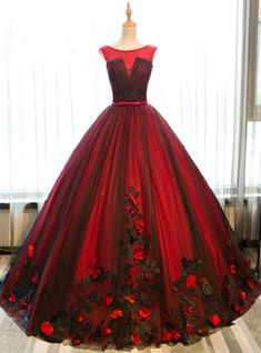 Red And Black Tulle Appliques Backless Princess Quinceanera Dresses Disney Prom Dresses, Puffy Wedding Dresses, Burgundy Evening Dress, Modest Evening Dress, Princess Prom Dresses, Senior Prom Dresses, 파티 드레스, Prom Dresses For Teens, Applique Wedding Dress