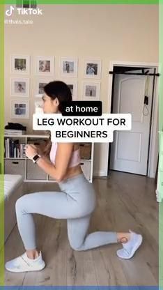 a woman in grey leggings squatting on the floor with text overlay that reads, at home leg workout for beginners