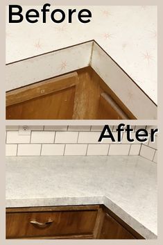 before and after photos of kitchen cabinets with white counter tops that have been painted brown