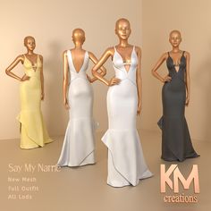 four female mannequins in different dresses standing next to each other with their hands on their hips