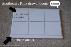 the kitchen cabinet door is labeled with arrows pointing to each drawer and where it's cut