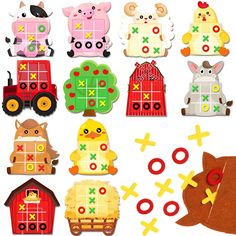 an assortment of farm animal themed wooden toys