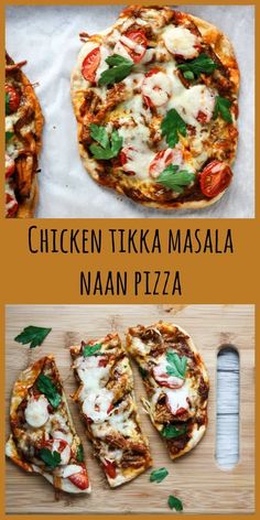 chicken tikka masala naan pizza on a cutting board with text overlay