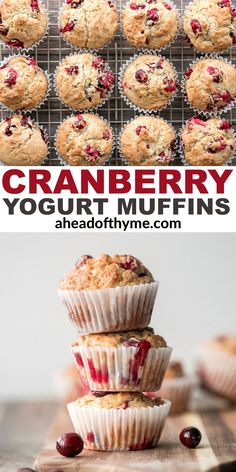 cranberry yogurt muffins are stacked on top of each other