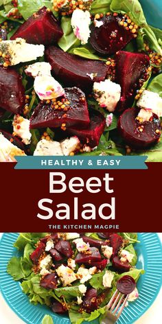 beet salad with feta cheese and spinach leaves in a blue bowl on a white table