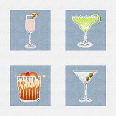 four cross stitch pictures with different drinks in them