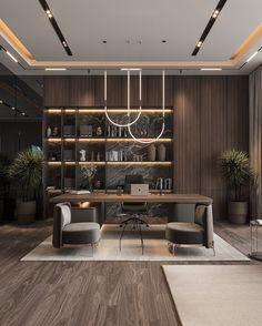 a modern office with wood paneled walls and flooring is lit by recess lighting