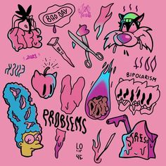 a bunch of stickers that are on top of a pink background with words and symbols