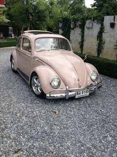 an old pink vw bug parked on gravel in front of some bushes and trees