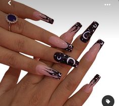 Fall Black And White Nails, Halloween Coffin Shaped Nails, Raven Nails, Black Flame Nails, Detailed Nail Art, Galaxy Nail, Flame Nails, Galaxy Nail Art