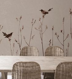 two birds sitting on top of a wooden table next to wicker chairs and white walls