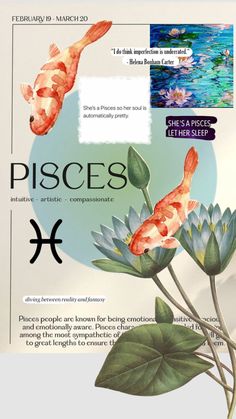 an advertisement for pisces with fish and flowers