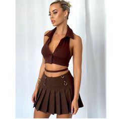 Brand New With Tags Chocolate Pleated Mini Skirt Sits Mid Waist Detailed Silver Clasps On-Trend Pleated Design Invisible Zip Fitted Brown Tennis Skirt For Summer, Casual Brown Summer Tennis Skirt, Casual Brown Tennis Skirt For Summer, Tiger Outfit, Crochet Maxi Skirt, Brown Skirt, Stage Costume, Brown Skirts, Tiger Mist