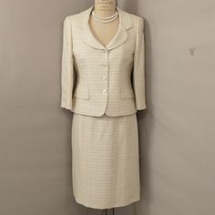 Very Classy And Classic Design On This Louis Feraud Designer Suit. Matching Jacket And Skirt. Us Size 10, Shown On An 8 Dress Form And Too Big. Please Go By Measurements. Condition Excellent, No Wear, Stains Or Damage. Skirt Length 26", Waist 31.5", Hips 42". Jacket Shoulders 17-18, Pit To Pit 20.5", Bust 41", Waist 36", Hem 43", Sleeves 19.5". Lightly Textured Woven Fabric Wool, Silk, Rayon, Cotton Blend. Mother Of Pearl Buttons. Has The Look Of An Earlier Chanel Design. Ladies Dress Suit, Modern Dresses, Chanel Suit, Louis Feraud, Fancy Things, Chanel Design, Designer Suit, Womens Dress Suits, Us Size 10