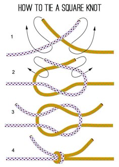 instructions for how to tie a square knot on a white background with orange and black dots