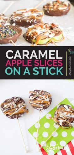 caramel apple slices on a stick with sprinkles