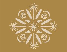 a white snowflake with palm trees and swirls in the center on a brown background