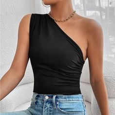 New! Never Been Worn. Black One-shoulder Fitted Bodysuit, Black Fitted One-shoulder Bodysuit, Fitted Black One-shoulder Bodysuit, Black One-shoulder Bodysuit For Summer, Black One-shoulder Bodysuit For Spring, One Shoulder Bodysuit, Shein Tops, Random Things, One Shoulder