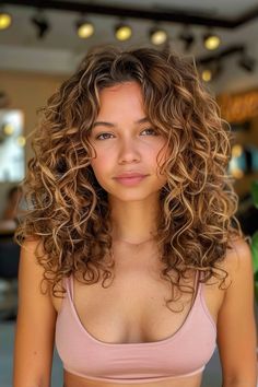 Woman with curly hair wearing a light pink top, standing in a well-lit room. Naturally Curly Hair Highlights Caramel, Curly Hair Lowlights, Honey Blonde Hair With Highlights, Brown Curly Hair With Highlights, Honey Colored Hair, Light Brown Curly Hair