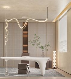 an elegant dining room with white table and brown chairs in front of beige wall panels