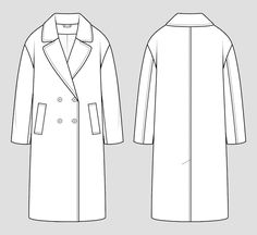 a drawing of a long coat with buttons on the front and back, shown in white