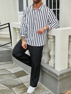 Black and White Casual Collar   Striped  Embellished Non-Stretch  Men Plus Size Clothing Mens Christmas Party Outfit, White Christmas Outfit, Semi Casual Outfit, White Christmas Party, Christmas Outfit Men, Party Outfit Men, Plus Size Shirt, White Suit