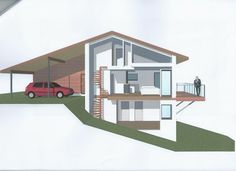 a drawing of a two story house with a car parked in the driveway and people standing outside