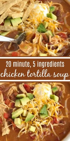 two pictures of chicken tortilla soup with avocado and cheese on top