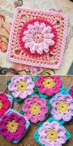 crocheted flowers are shown in different colors