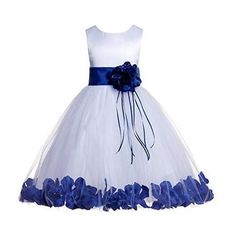 The elegant bodice feature is made of White poly satin. The waistline is decorated with Your Choice of Color organza sash and ribbon flower to make this dress more elegant. The skirt has 4 layers, the inside layer is satin attached with a netting for additional fullness. the top layer is actually a double layer of fluffy tulle with rose petals and leaves wrapped in it to make this dress more beautiful. Size: size 4.  Color: Blue.  Gender: female.  Age Group: kids.  Pattern: floral. Formal Flower Girl, Petal Flower Girl Dress, Sequin Flower Girl Dress, Wedding Tulle, Dresses Pageant, Ballroom Gowns, Tulle Flower Girl Dress, Tulle Dresses, Dresses Holiday