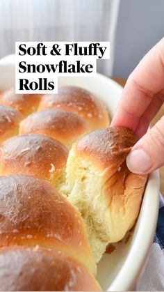 someone dipping their hot dog buns into a bowl with the words super soft snowflake rolls