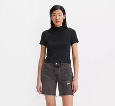 Effortless Short Sleeve T-shirt - Black | Levi's® US Levi's Classic Spring Tops, Classic Fitted T-shirt For Fall, Fitted Levi's Cotton Top, Versatile Fitted T-shirt For Fall, Versatile Fitted Fall T-shirt, Casual High Neck Stretch T-shirt, Summer Cotton Turtleneck Tops, Relaxed Fit Turtleneck Tops For Spring, Spring Relaxed Fit Turtleneck Tops