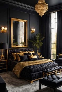 a bedroom with black walls and gold accents