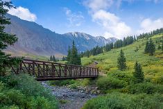 a wooden bridge over a stream in the mountains