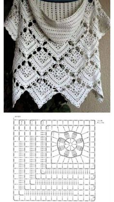 a crocheted shawl is shown next to the pattern