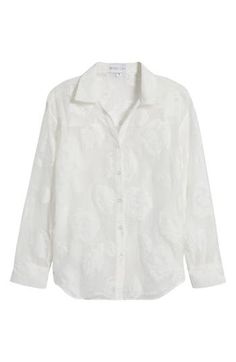 Tonal floral embroidery flourishes across this airy button-up shirt that will stand out whether worn alone or in a layered look. Front button closure Point collar Long sleeves with button cuffs 60% rayon, 40% cotton Hand wash, dry flat Made in the USA Button-up Blouse With Floral Embroidery For Work, Feminine Button-up Blouse With Floral Embroidery, Elegant Spring Blouse With Tonal Embroidery, Formal Shirt With Floral Embroidery For Spring, Elegant Blouse With Tonal Embroidery For Spring, Feminine Button-up Top With Floral Embroidery, Chic Floral Embroidered Button-up Top, Classic Embroidered Button-up Blouse, Chic Floral Embroidery Button-up Top