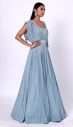 Aqua gown with stripe, bead, sequin, and floral embroidery, featuring drawstring sleeves and embroidered waistband. Aqua Gown, Gown Blue, Gown For Women, Blue Gown