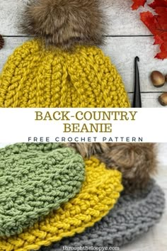 the back - country beanie crochet pattern is shown in three different colors