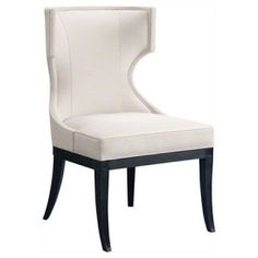 a white chair with black legs and an upholstered back, on a white background