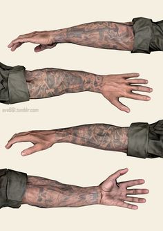 the arm is covered with tattoos on both sides and arms are spread out in different directions