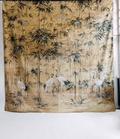 Soft mustards and pure white herons among the bamboo cane. The reverse of the tapestry is a shade of night black. Bamboo Canes, Old Pink, Herons, Ceiling Hanging, Antique Pink, Silk Painting, Pure White, Chinoiserie, Wall Coverings