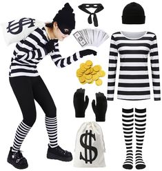 a woman dressed in black and white striped clothing with accessories including gloves, hat, money bag