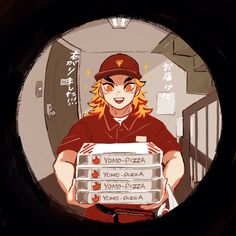 an anime character holding a pizza box in front of his face and looking through the window