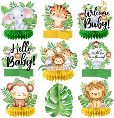 baby shower decorations with jungle animals and palm leaves