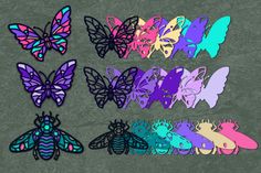 six different colored butterflies on a gray background, each with an individual's own image