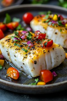 Grilled fish fillets garnished with chopped tomatoes, red onions, and herbs on a plate. Cooking Halibut On Stove, Cajun Halibut Recipes, Grilled Halibut Recipes Healthy, Halibut Pasta, Halibut Dishes, Halibut Recipes Grilled, Healthy Halibut Recipes, Baked Halibut Recipes, Steamed Halibut