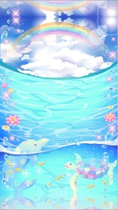 an ocean scene with rainbows, fish and clouds